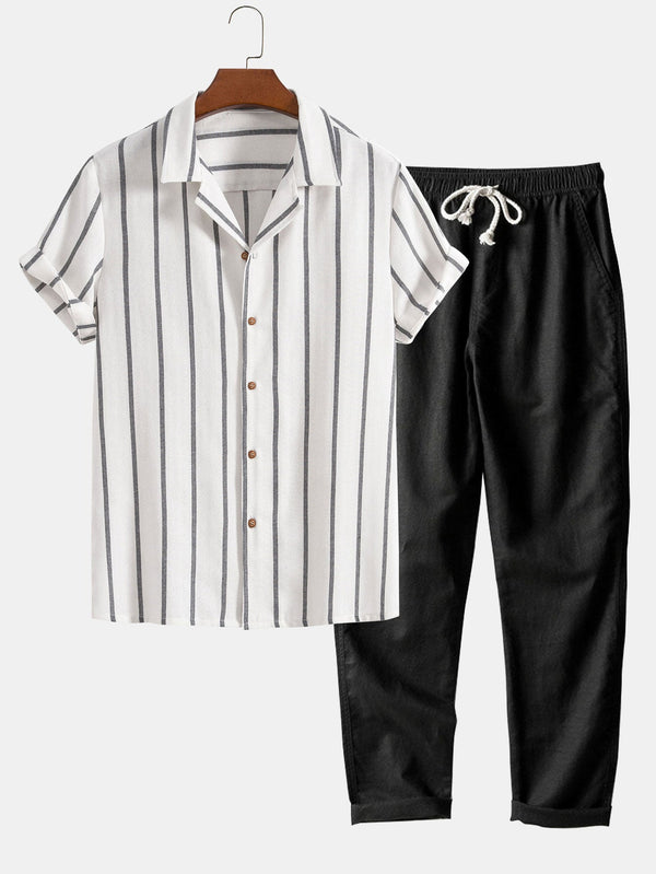 2-delig herenshirt en broekset - gestreepte lichte zomeroutfit voor dagtochten