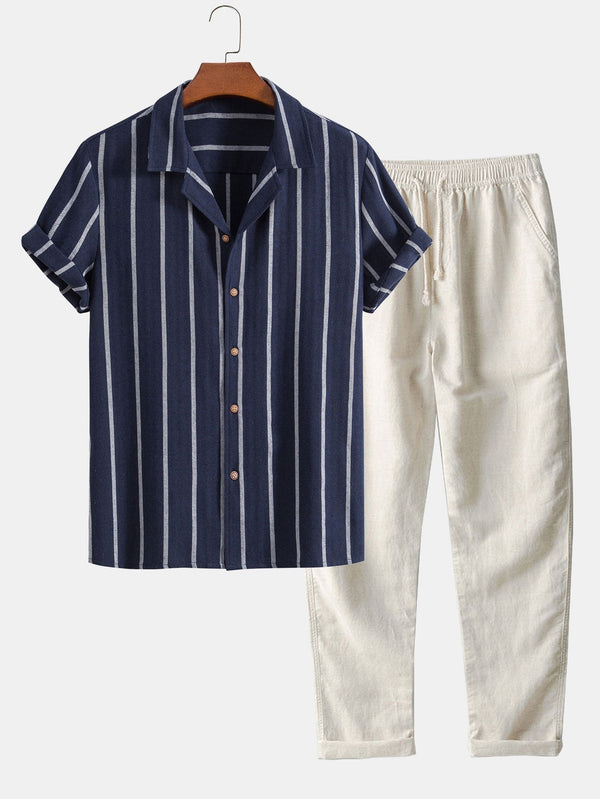2-delig herenshirt en broekset - gestreepte lichte zomeroutfit voor dagtochten