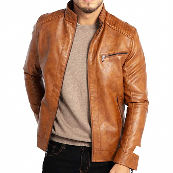 Bruine leren bikerjack - stijlvolle herenkleding
