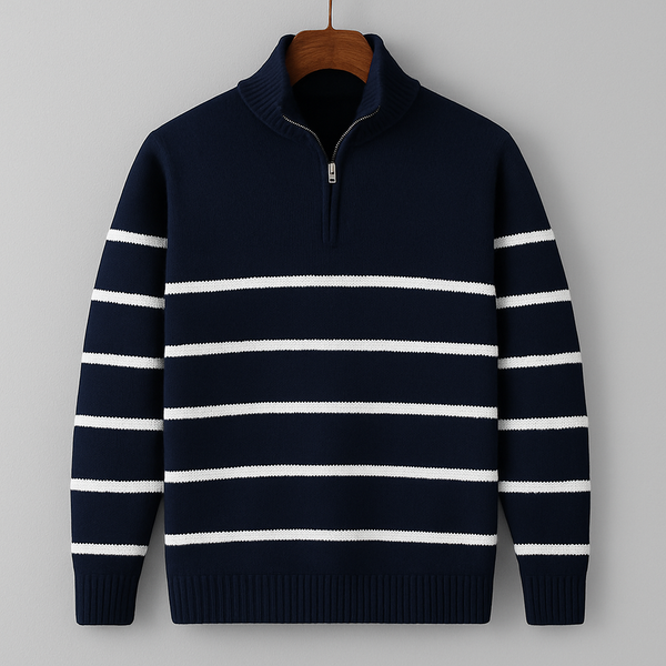 Heren kwart zip trui in navy en witte strepen - casual weekend sweater van zachte stof