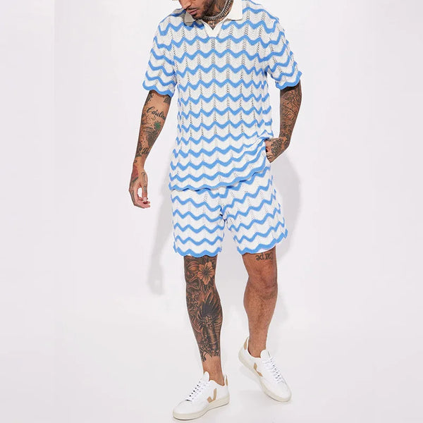 2-delige zomerse gebreide set voor heren - stijlvolle polo en shorts voor casual uitjes