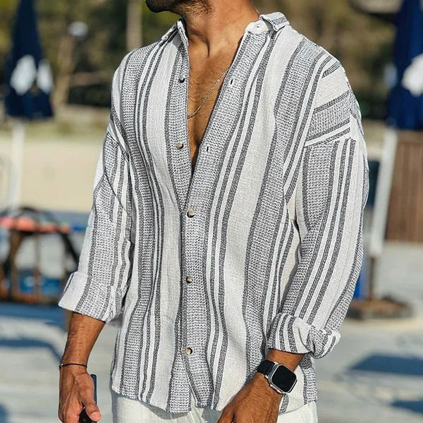 Heren lange mouwen linnen shirt ademende gestreepte top - casual strandkleding, ontspannen pasvorm
