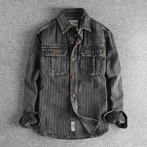 Heren casual shirt met moderne gestreepte denim top in grijs - stijlvolle weekendoutfit