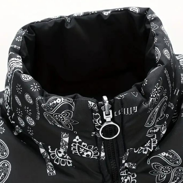 Trendy zwarte paisley print pufferjas voor heren