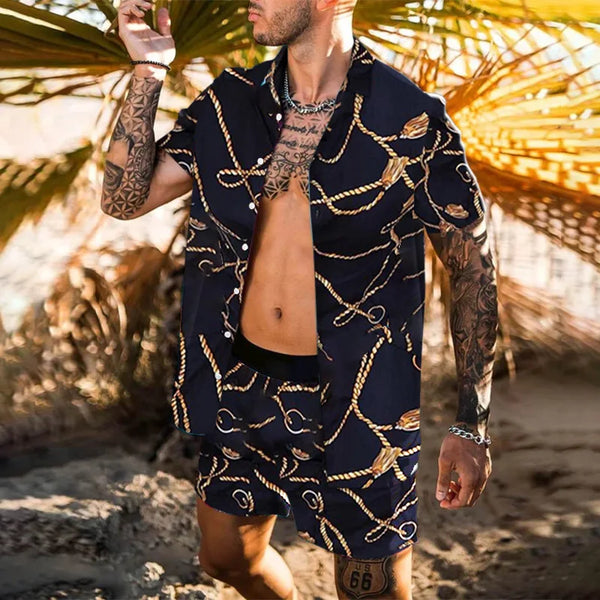 2-delige mannen strandset - trendy luipaardprint shirt met korte mouwen en shorts voor casual zomerse uitjes