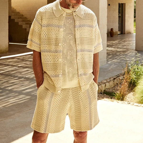 2-delig heren shorts set moderne casual outfit - stijlvolle beige gebreide ensemble voor ontspannen weekenden