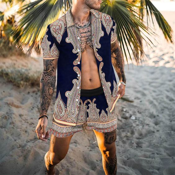 2-delige mannen strandset - trendy luipaardprint shirt met korte mouwen en shorts voor casual zomerse uitjes