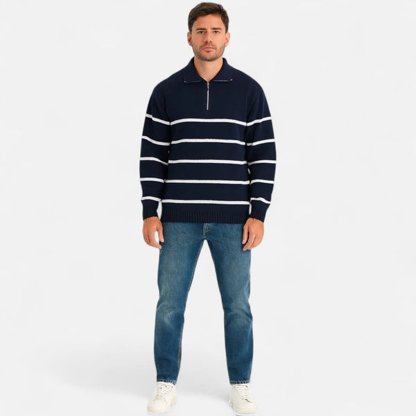 Heren kwart zip trui in navy en witte strepen - casual weekend sweater van zachte stof