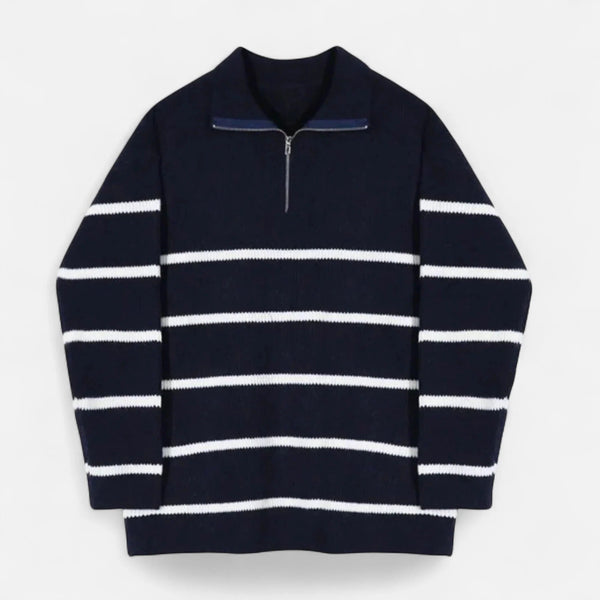 Heren kwart zip trui in navy en witte strepen - casual weekend sweater van zachte stof