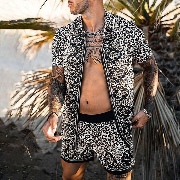 2-delige mannen strandset - trendy luipaardprint shirt met korte mouwen en shorts voor casual zomerse uitjes