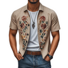 Heren casual shirt van lichtgewicht linnen in bruin - stijlvolle korte mouwen met geborduurd bloemenmotief